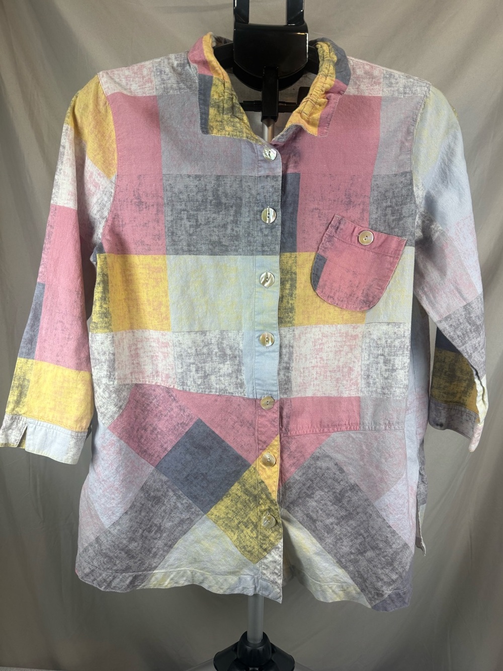 John Mark Patchwork Plaid Button-Front Blouse Pastel Multi - Size Large